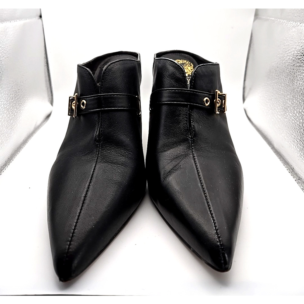 Vince Camuto Black Pointed Leather Ankle Heels with Gold Buckle